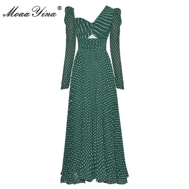 Fashion Designer Runway dress Spring Women Dress V-neck Long sleeve Pleated Dots Elegant Sexy Party Dresses 210524, Green
Fashion Designer Runway dress Spring Women Dress V-neck Long sleeve Pleated Dots Elegant Sexy Party Dresses 210524, Green