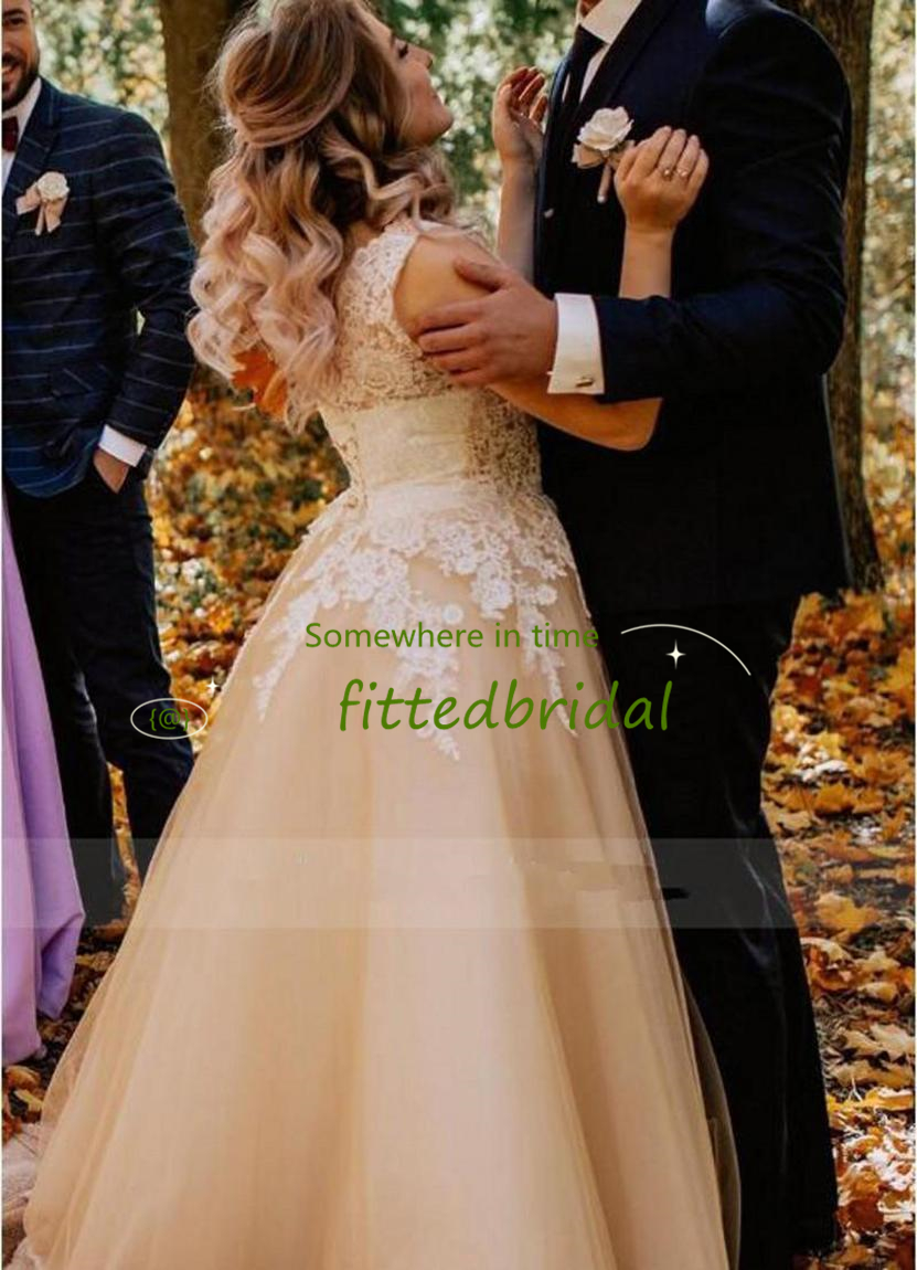 Country Garden Champagne A Line Bridal Gowns Lace Up Back V Neck Appliques Wedding Dresses Plus Size vestido de novia