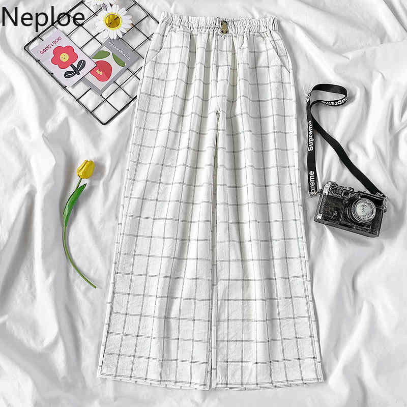 Neploe Fashion Wide Leg Pants High Waist Plaid Casual Cotton Linen Trousers Streetwear All-match Loose Korean Sweatpants 210422
