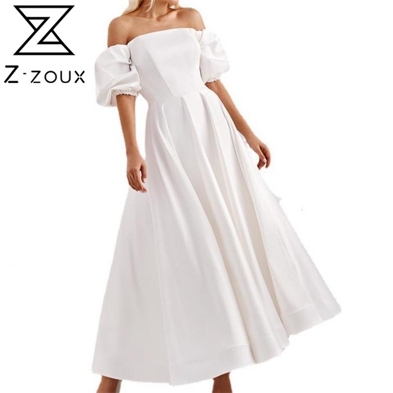 Women Dress Puff Sleeve Slash Neck Sexy Off Shoulder Dresses Plus Size Vintage Beach Summer 210513