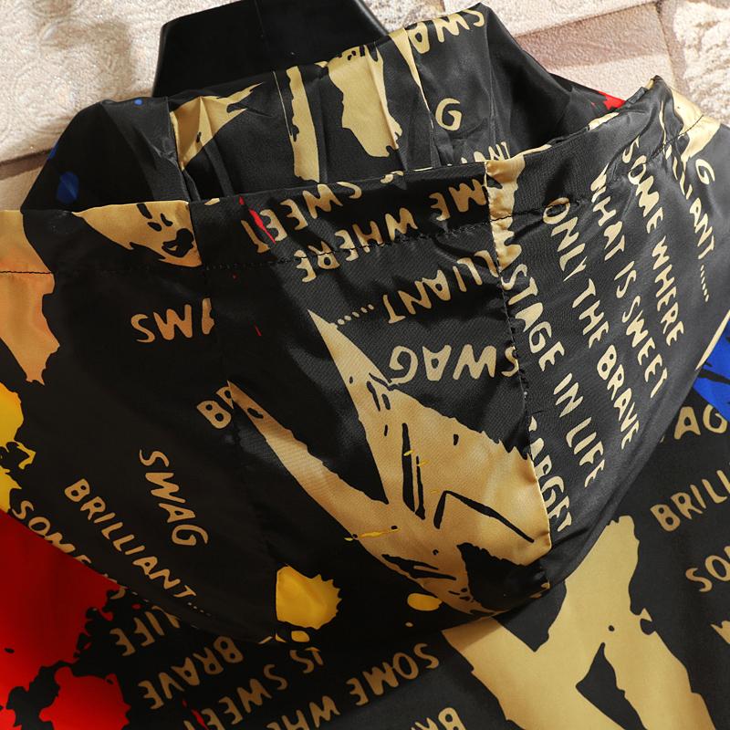 Men Casual Overalls Jacket Hooded Black Fashion Rib Sleeve Clothes Spring Coats College Letter Graffiti Young Men's Jackets