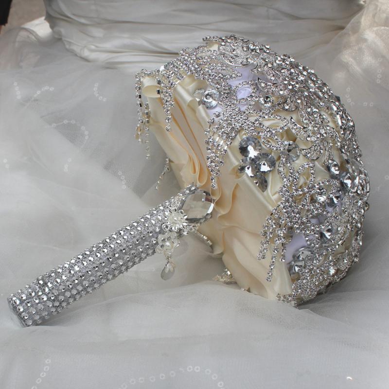 Luxury Handmade Diameter 18CM Wedding Bouquet Silver Plated Crystal Rhinestone Brooches Jewelry Bridal Hand Flower Decorative Flowers & Wrea