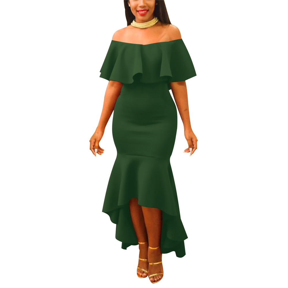 Women Party Mermaid Midi Dress Elegant Back Ruffles Sexy Off Shoulder Gown Party Dress 210331Z