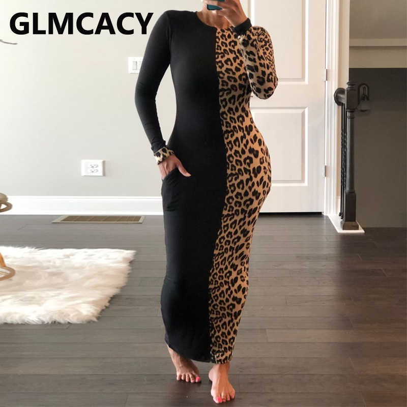 Women Casual Long Sleeve Dress Leopard Colorblock Slim Maxi Dresses 210702