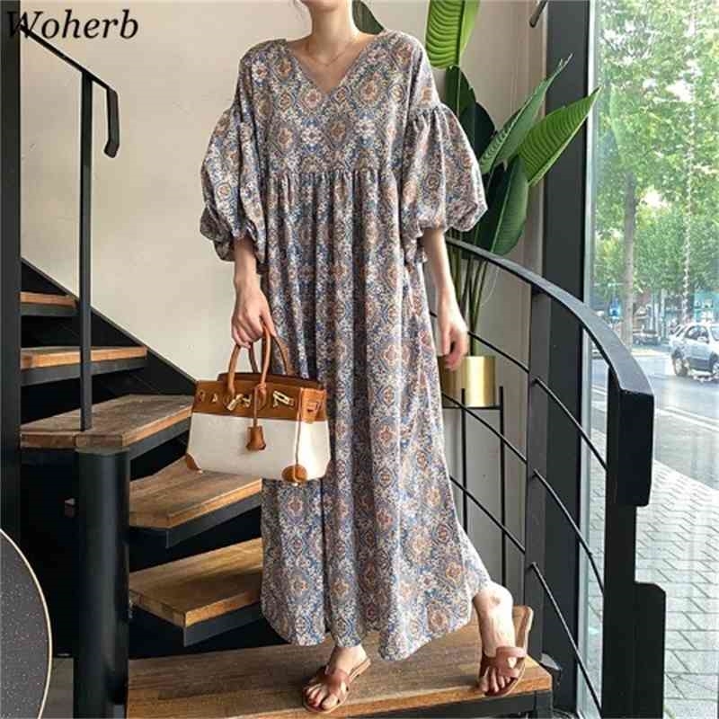 Boho Bohemia Vestidos Summer Dress Women Vintage Print Lantern Sleeve Robe Female Loose Long Dresses Korean Chic 210519
