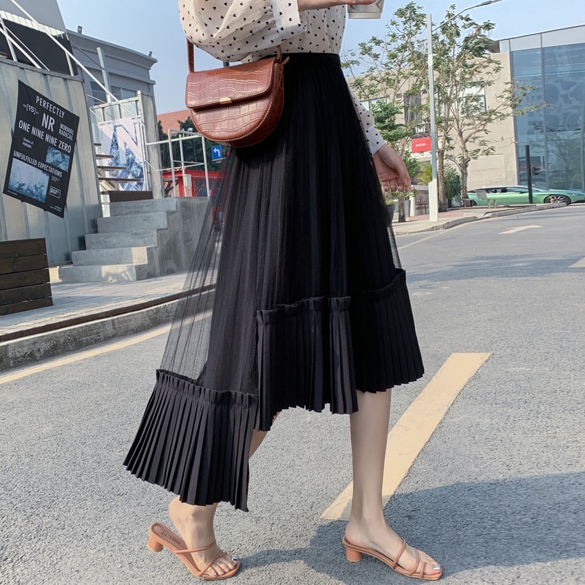 white skirt pleated mesh sweet cute asymmetrical long high waist black casual daily wear chic patchwork 210421