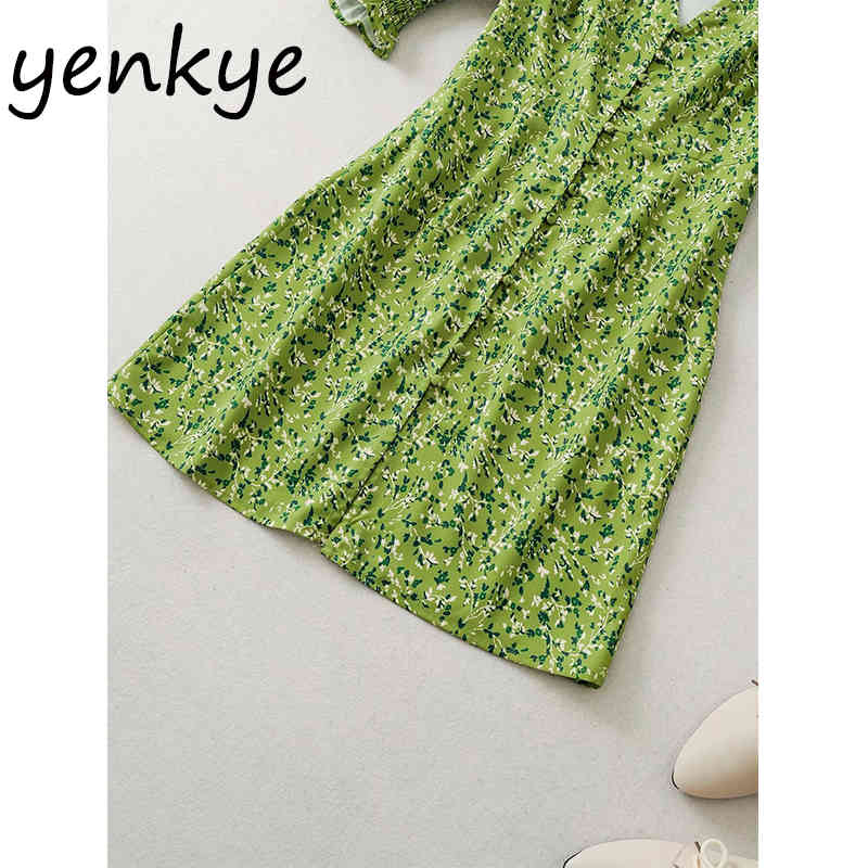 Green Floral Print Women Short Sleeve V Neck Slim A-line Mini Elegant Lady Party Summer Dress vestidos DJF9102 210515