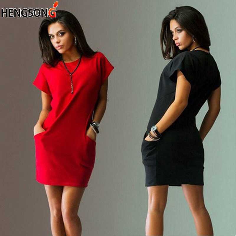 Women Pocket Female Dress Summer Tshirt Short Sleeve O Neck Sundress Mini Office Lady Work Feminino Vestidos 210721