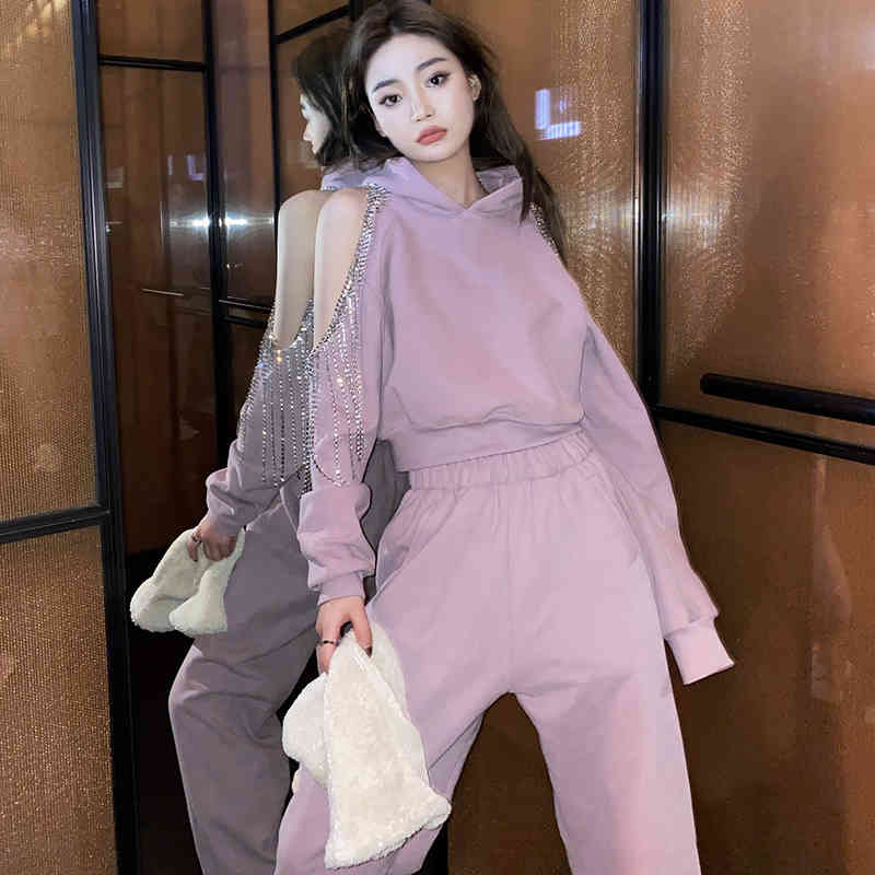 VGH Loose Patchwork Tassel Set For Women Hooded Collar Off Shoulder Tops High Waist Casual Pants Female Sets Spring Tide 210421