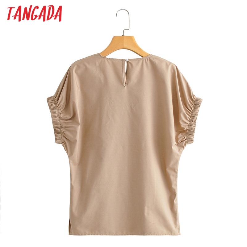 Women Retro Solid Khaki Summer Puff Short Sleeve Chic Female Shirt Tops AI36 210416