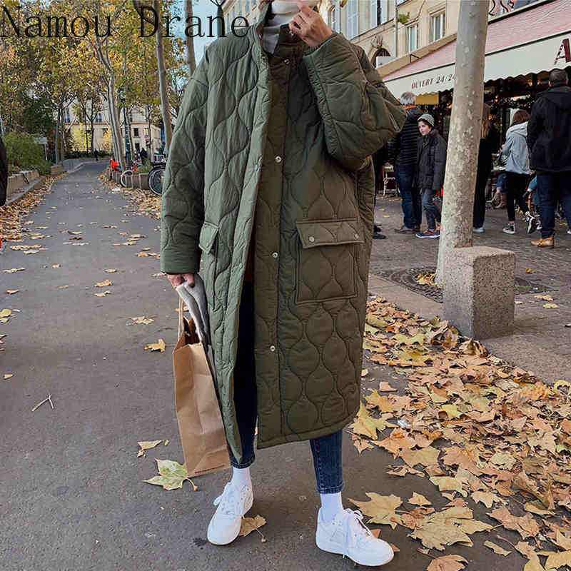 South Korea's chic autumn/winter retro li-collar diamond-print loose medium-length oversize thick cotton coat woman. 210429