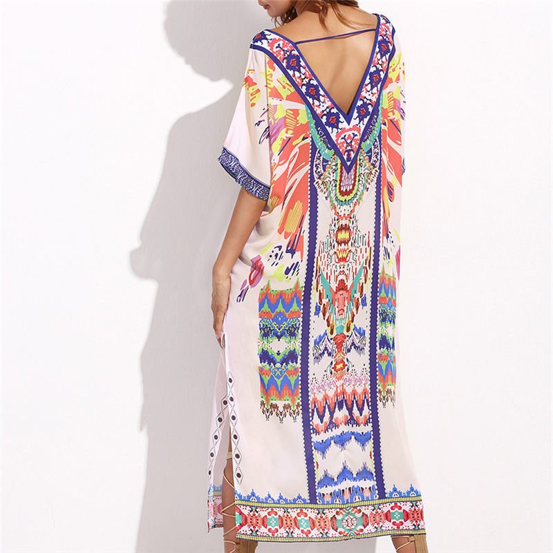 Beach Cover up Print Ethnic Kaftan ups Ladies Saida de Praia Dress Swimwear Tunic Women Robe Plage #Q260 210420