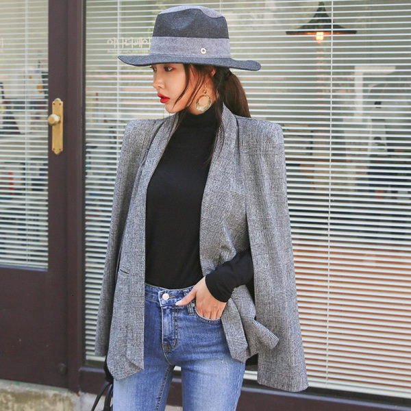 Women's Fur & Faux NEW Long Sleeve Cape Blazer Coat Women Notched Split Cloak Jacket Suit OL Office Workwear plaid black 7O6G