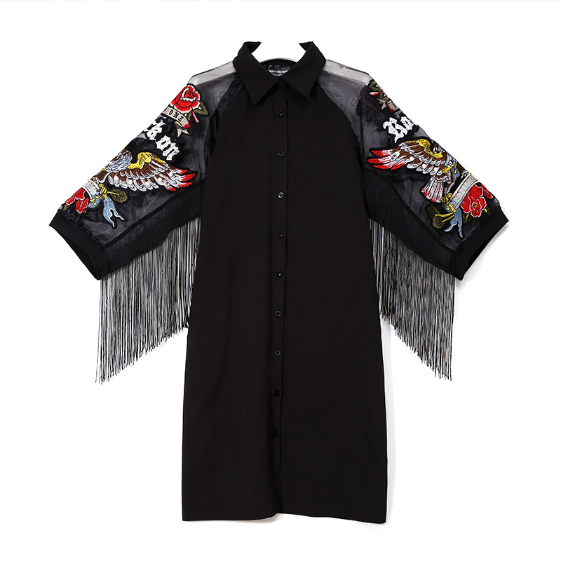 New Woman Plus Size Black Casual Shirt Dress 3/4 Mesh Sleeves Eagle Embroidery Fringe Ladies Midi Straight Party Dress Robe 3398 210409