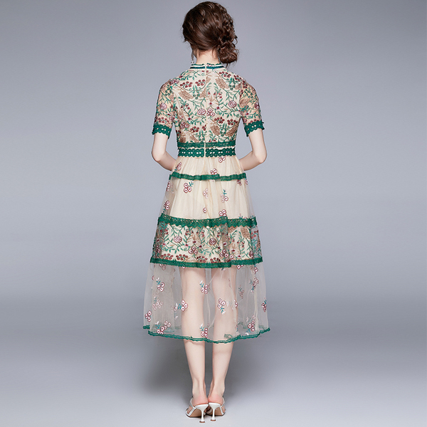 Elegant Fashion Short Sleeve Mesh Dress Summer Sweet Flower Embroidery Stitching Lace High Waist Slim Party 210519