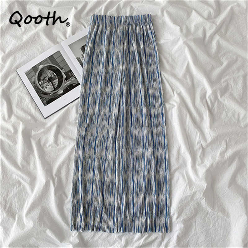 Qooth Pleated Drape Wide-Leg Pant's Summer Color Matching High Waist Fashion Loose All Match Soft Casual Pant QT596 210609
