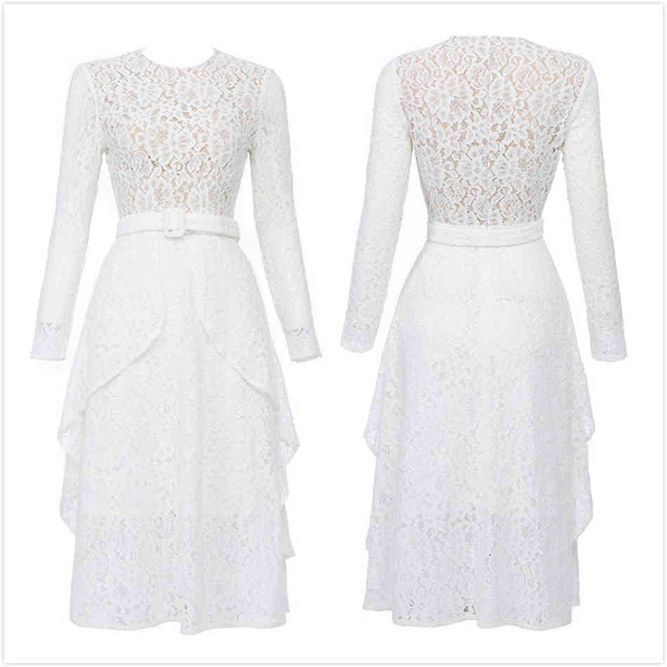 Free Women's White Lace Dress Sexy O-neck Long Sleeve A-line Ruffle Celebrity Club Party Midi Vestidos 210524