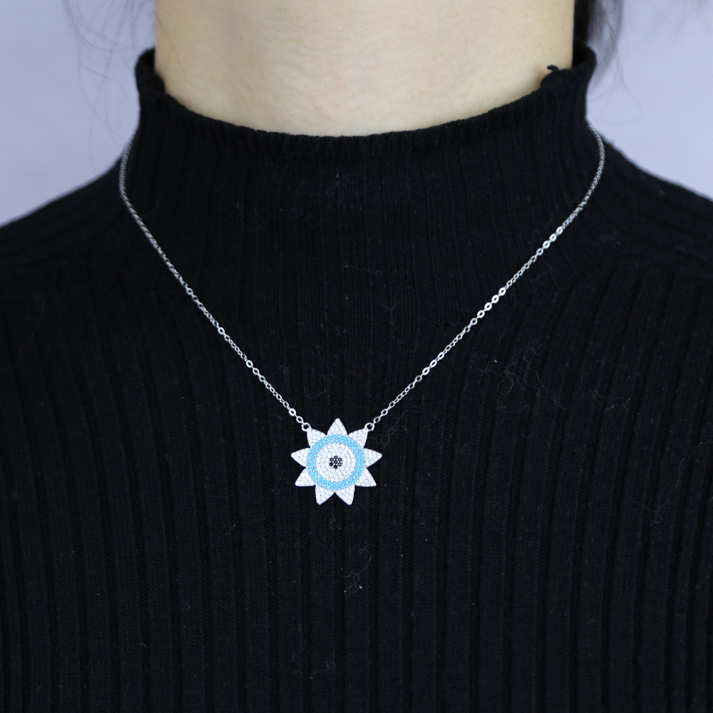 Promotion Silver Color pendant Micro Pave White Blue Nano Turquoises Stone High Quality Sun Pendant Necklace