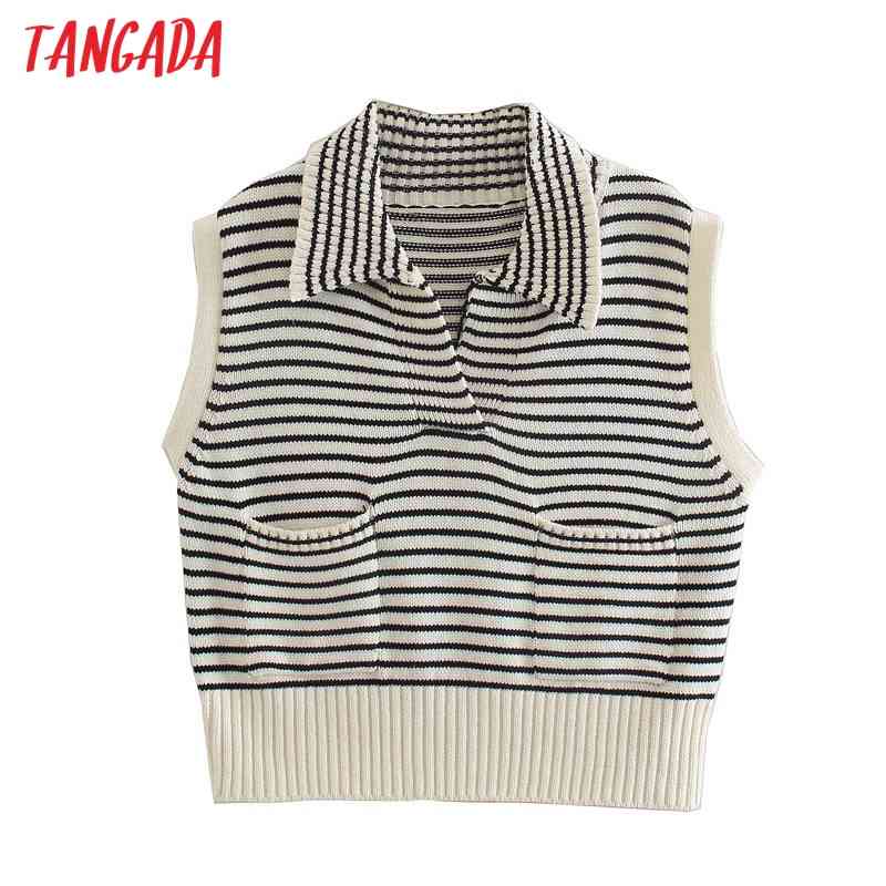 Women Vintage Striped Crop Knitted Vest Sweater Pocket Sleeveless Female Waistcoat Tops 3N30 210416