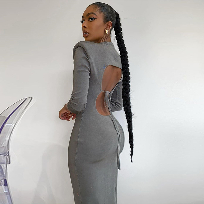 Women Dress Hollow Out Bandage Sexy Dresses Gray Long Sleeve Fashion Clothing 210513