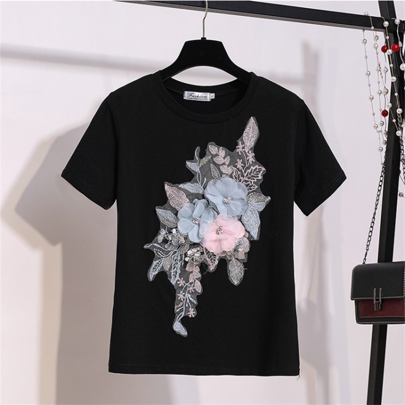Summer Embroidery Beading Flower T Shirts Women O-Neck Short Sleeve Girl Tops T-shirts Floral Tee Shirt 210519