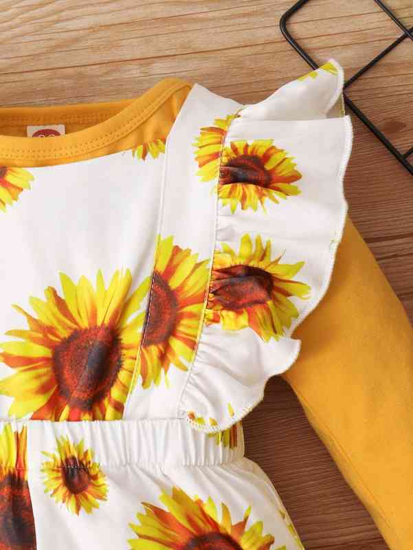 Baby Solid Bodysuit & Sunflower Print Ruffle Trim Jumpsuit SHE