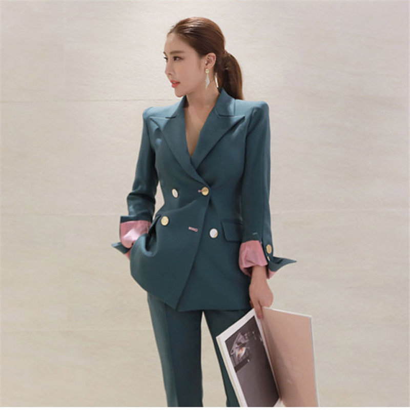 Autumn OL Waist-Controlled Elegant All Match Office Lady Blazer +Casual Loose Straight Trouser Suits Women 2 Piece Sets 210421