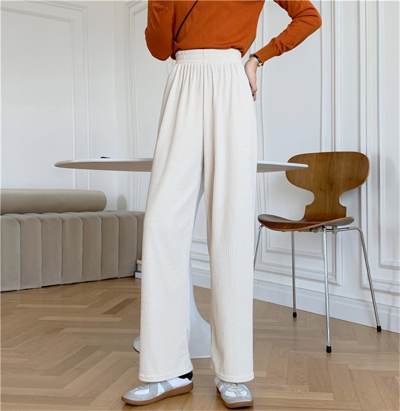 OL Elastic High Waist Wide Leg Corduroy Pants Women Fashion Autumn Winter Bottoms Thick Warm Casual Loose Trousers 210421