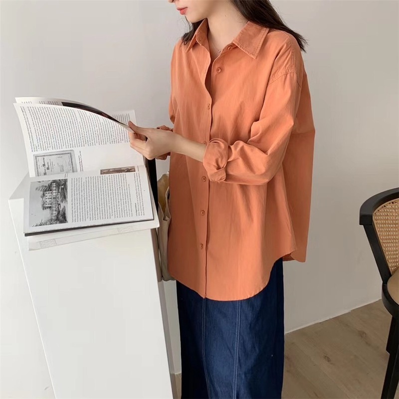Early Autumn Korean Style Long Loose Retro Shirt Solid Color Sleeve Women Blouse Lazy Chemisier Femme 10320 210427