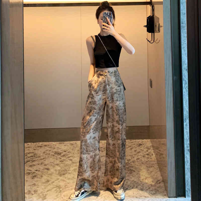 Korean Style Wide Leg Pants Women Vintage Harajuku Print High Waist Trousers Summer Female Palazzo Pants 22828 210417