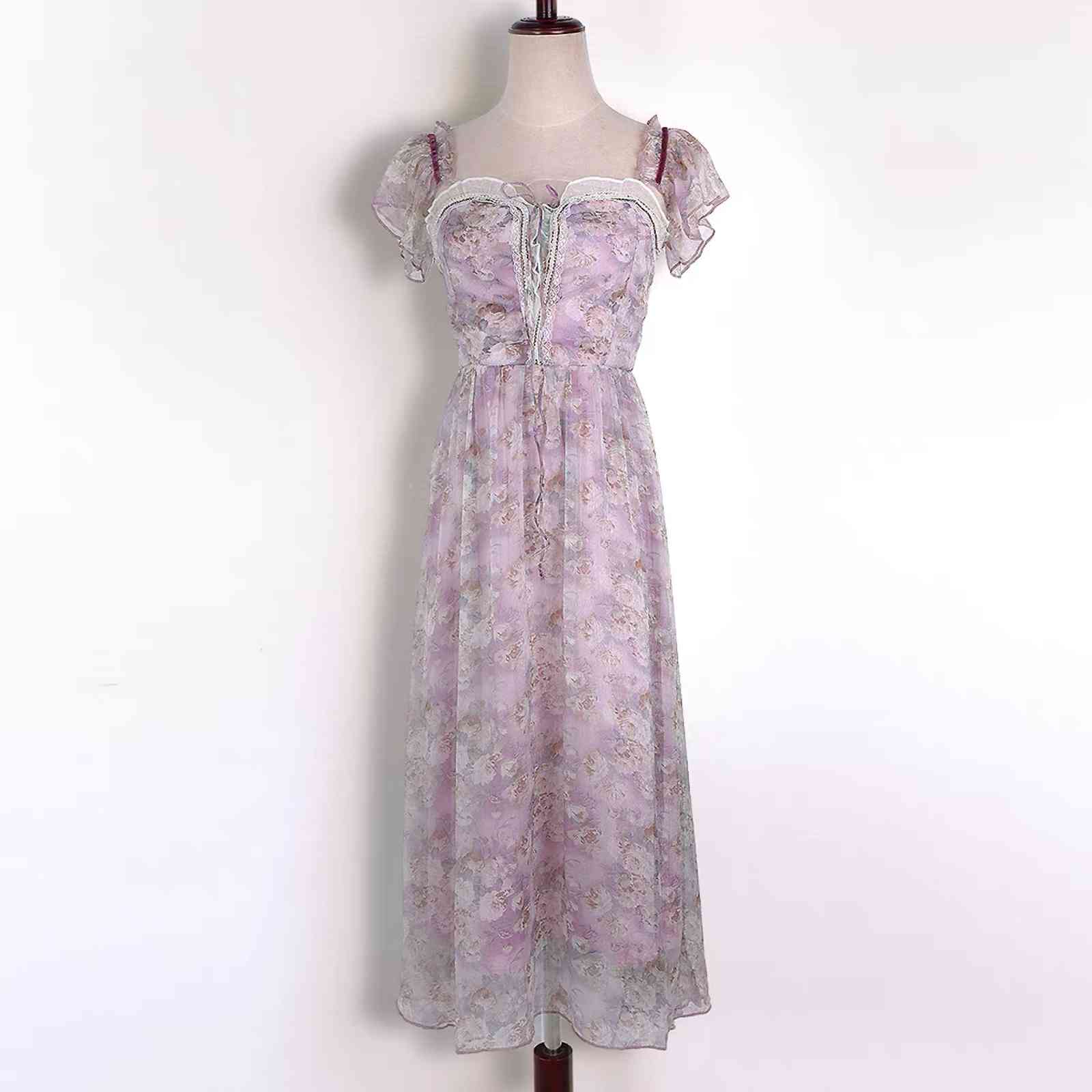 vintage midi pink dress sweet cute floral printed patchwork lace square collar sleeveless summer dresses party 210421