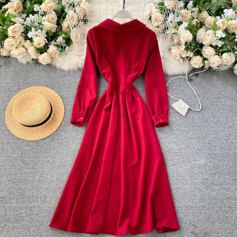 Lady Fashion Autumn A-line Dress Women Lapel Long Sleeve High Waist Thin Elegant Clothes Vestidos De Mujer P877 210527