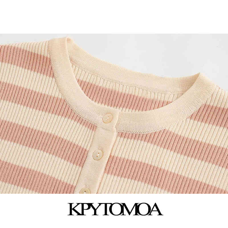 Women Fashion Striped Cropped Knitted Cardigan Sweater O Neck Long Sleeve Female Outerwear Chic Tops 210420