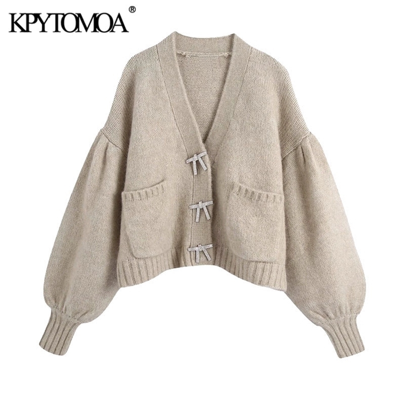 Women Fashion With Rhinestone Buttons Knitted Cardigan Sweater Long Sleeve Loose Female Outerwear Chic Tops 210420