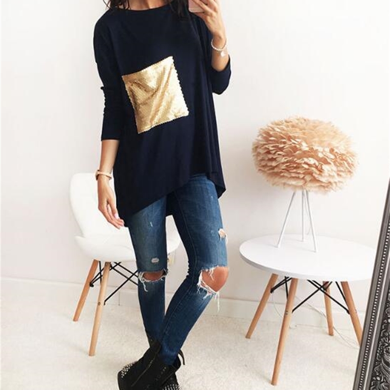 Sequined Fashion Patchwork T-shirts Glitter Women Long Sleeve Shirts Pullovers Loose Tops Girls Shining Casual Tees G1168 210406