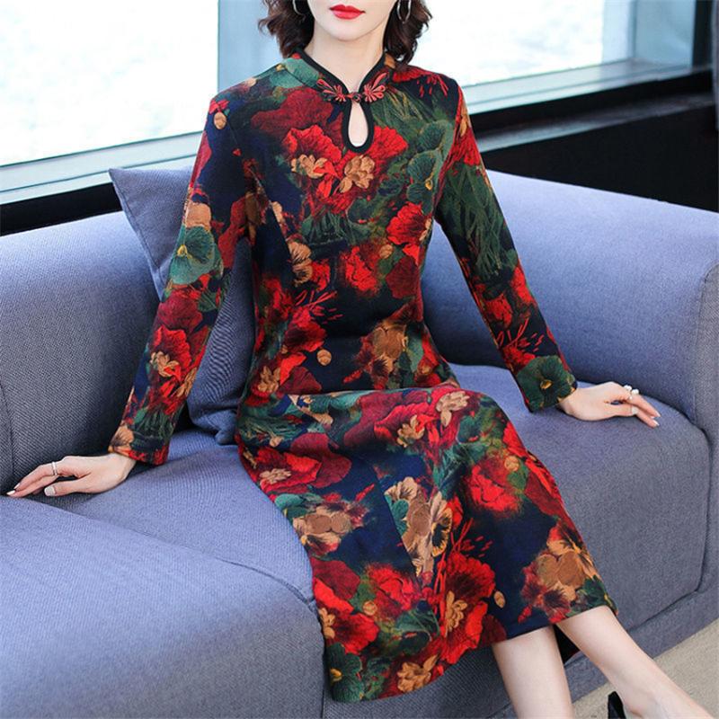 Spring Middle Aged Mother Chinese Traditional Style Long Sleeve Mid Length Over Knee Modified Cheongsam Print Qipao Dress Ethnic Clothing
