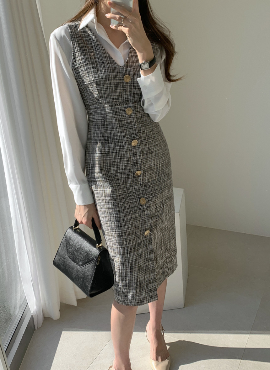 Autumn And Winter Women 2 Piece Dresses Set Single-Breasted Tweed Woolen Vest Elegant Office Ladies White Shirt Suit 210520
