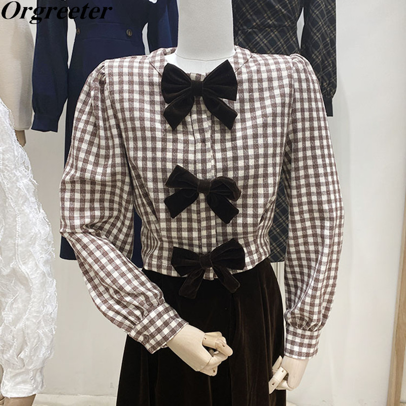 Korean Spring Fall Design Women's Shirt & Blouse Fashion Sweet 3D Velvet Bow-knot Deco Plaid Long-sleeved Short 210525, Brown
Korean Spring Fall Design Women's Shirt & Blouse Fashion Sweet 3D Velvet Bow-knot Deco Plaid Long-sleeved Short 210525, Brown