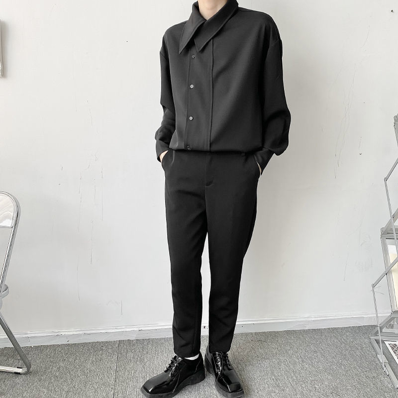 IEFB Niche Korean French Asymmetric Cool Shirt Men's Loose Big Size Black White Solid Color Long Sleeve Tops 9Y7039 210524