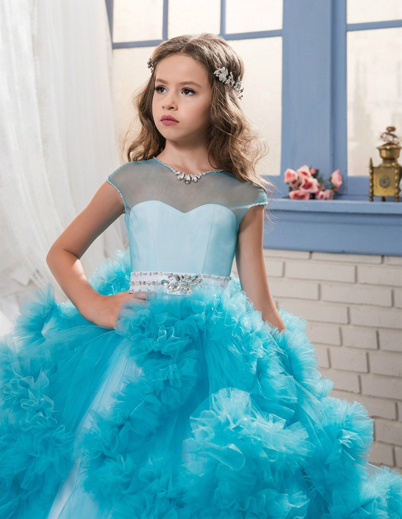 pink blue Girls Pageant Dresses Layer Champagne Ruffles Cute Flower Girl Dresses Spaghetti Strap Toddler Prom Dress Lace Ball Gown Wedding Dresses