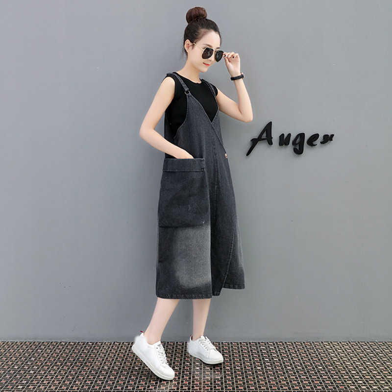 Metal Ring Adjustable Strap Big Pockets Jeans Dress Summer Sexy V-neck Korean Casual Loose Mid-length Black Denin Overalls 210604