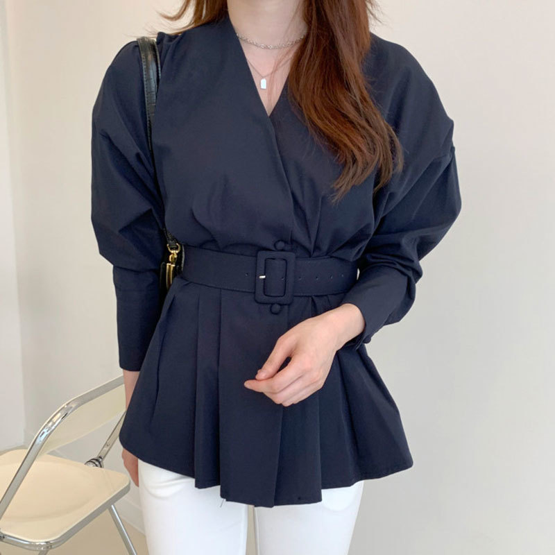 Wohern Korean Ins Elegant Long Sleeve Blouse with Belt Office Lady Casual Slim Waist Puff Ruffle Shirt Chic Blusas Autumn 210519