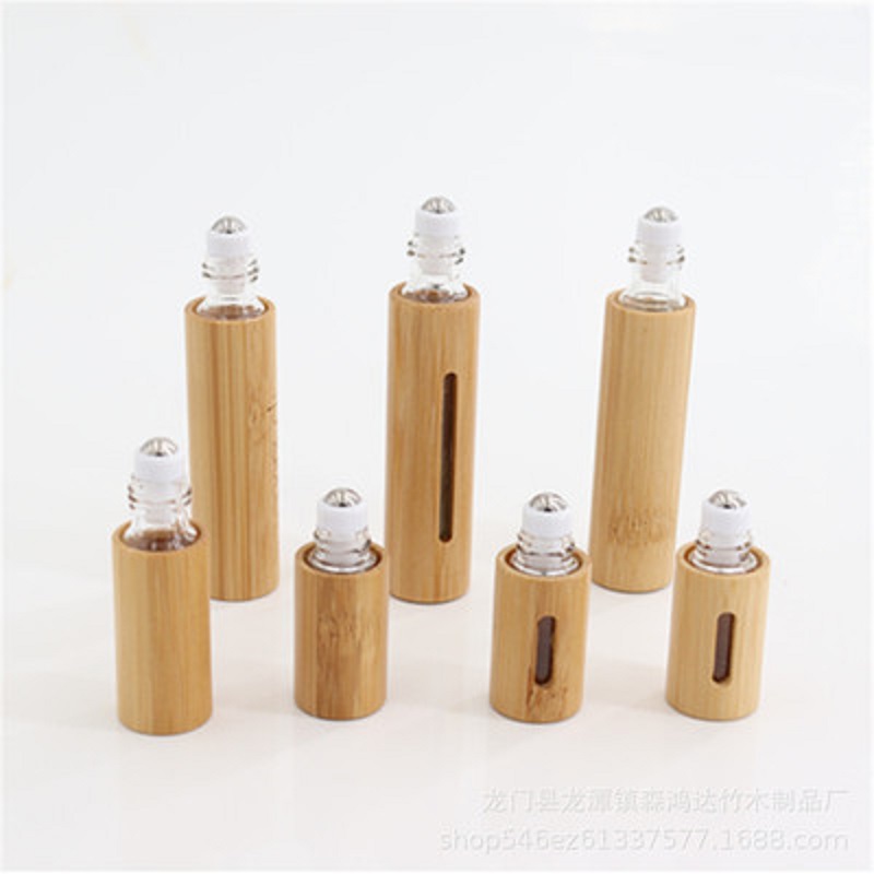 5ml 10ml Full natural bamboo Essential Oil Roller-ball Bottle carved window Clear Glass Roll On Perfume Bottles Stainless Steel Rollers Ball