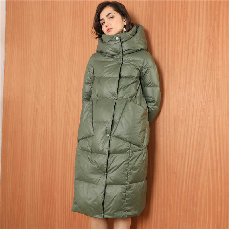Janveny Women Loose Long Down Coat 90% White Duck Jacket Hooded Winter Plus Size Overcoat Female Thick Warm Feather Parkas 211013