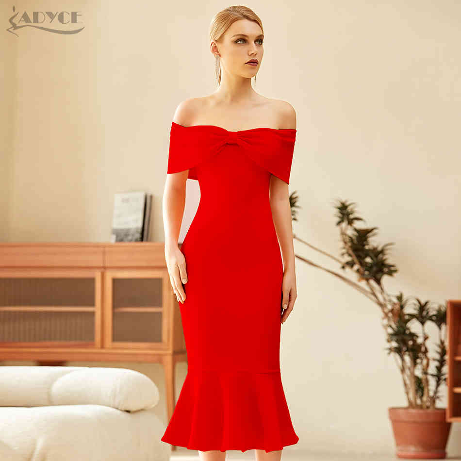 Winter Women Red Off Shoulder Short Sleeve Club Bodycon Bandage Dress Sexy Mermaid Celebrity Runway Party Dresses 210423