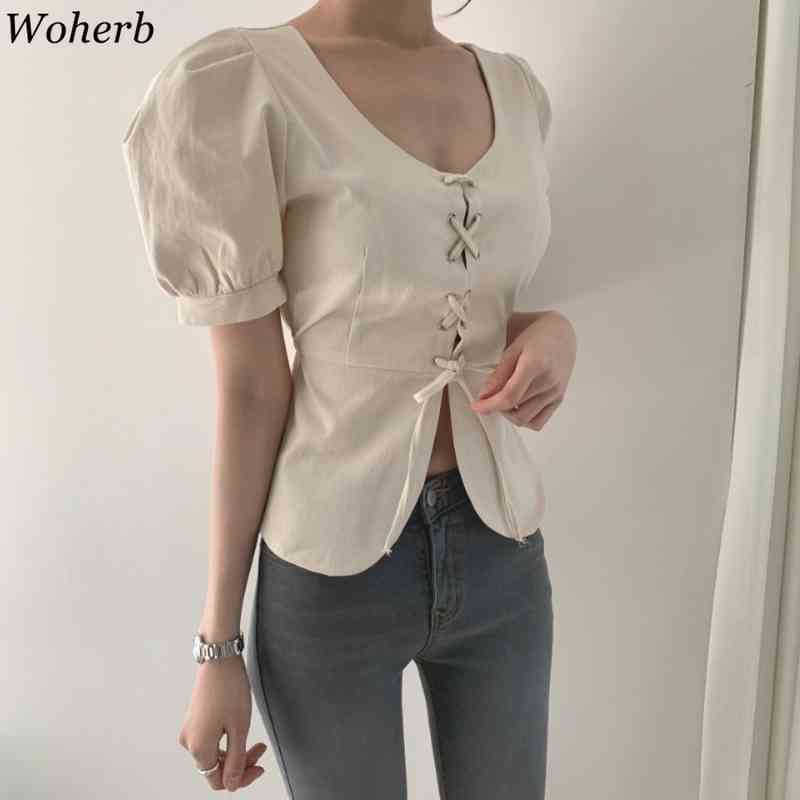 Lace-up O-neck Blouse Women's Summer Slim Fit All-match Puff Short Sleeve Shirts Korean Temperament Solid Color Tops 210519