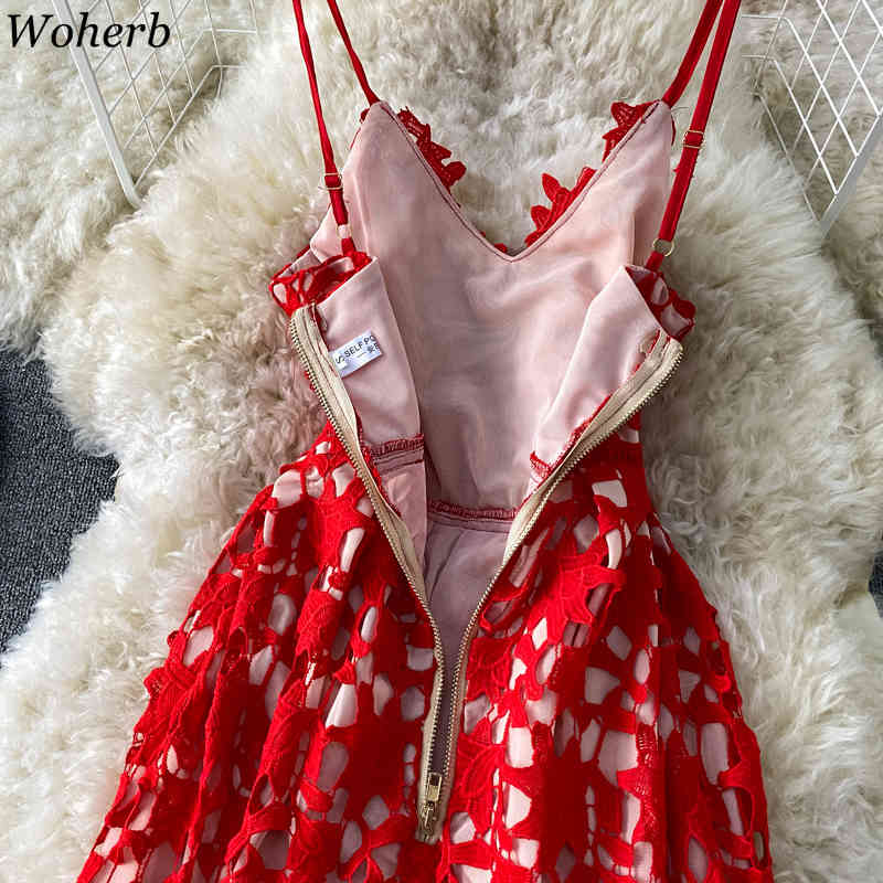 V Neck Woman Dress Solid Sexy Lace Hollow Out Summer Party Night Clue Vestidos Korean Fashion Ins Vintage Dresses 210422