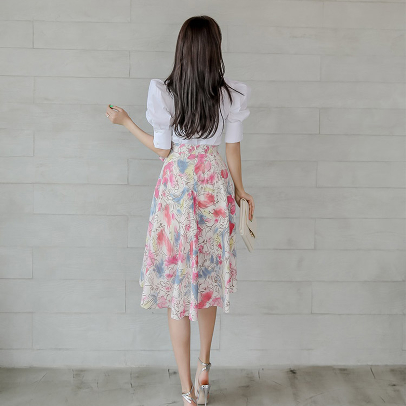 Summer White Puff Sleeve Shirt Button Tops + Print Floral Bow Skirt Suit Beach Vacation Casual 2 Piece Set for Women 210506