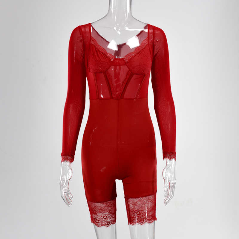 Colysmo Sheer Mesh Jumpsuit Women Lace Splice Black Playsuit Elastic Slim Fit Sexy Romper Red Party Club Casual Jumpsuits 210527