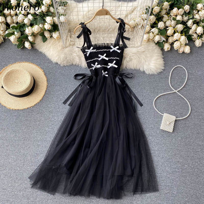 Sweet Dress Female Summer Strap Beading Lace-up Bow Slim Waist A-line Dresses Chic Elegant Ruffle Gauze Party 210519